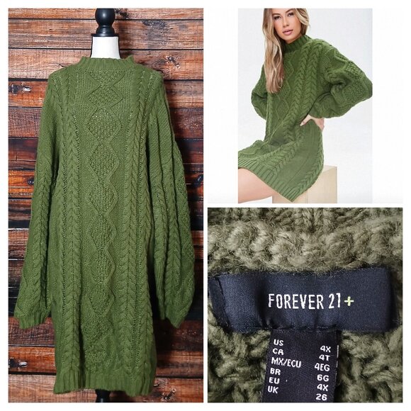 Forever 21 Tunic Sweater Dress 4X Green Cable Knit Acrylic Wool Blend - Picture 1 of 7